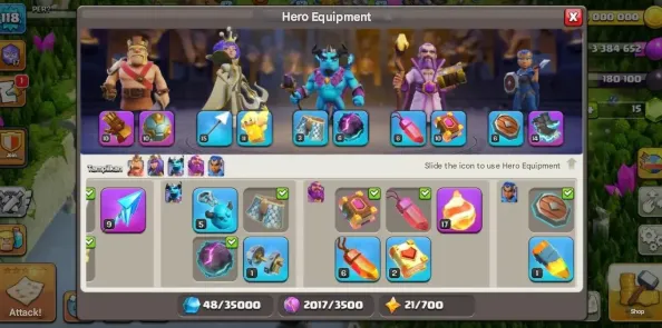 COC198 Max TH15, King 47, Queen 51, Minion Prince 30, Warden 30, Royal Champion 10, BH5, 5 Builders, Medium Defense, Medium Spells, Hero Equipment 